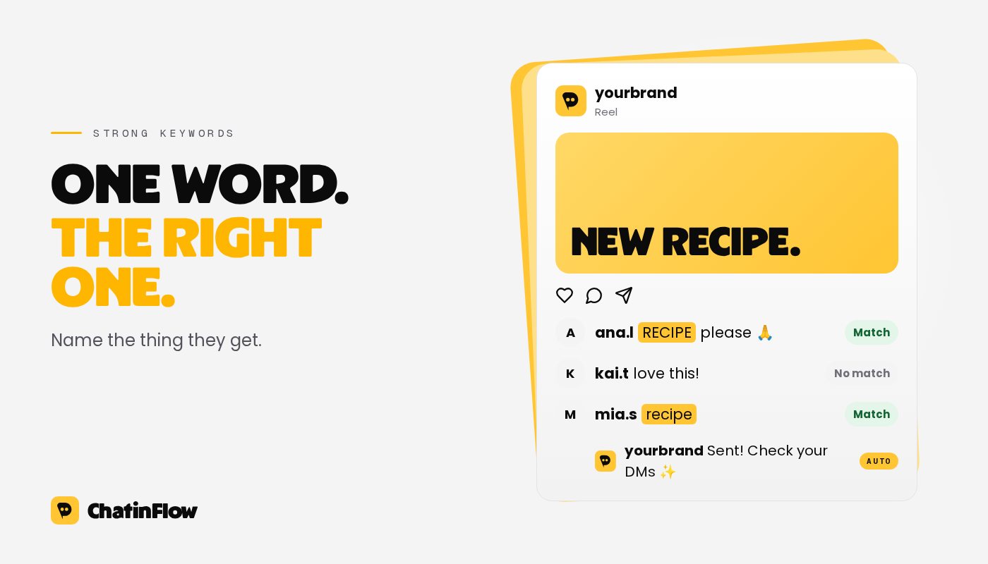 A strong keyword names the thing: comments with RECIPE match and get the recipe, while a common word like love appears in ordinary comments and would trigger by mistake.