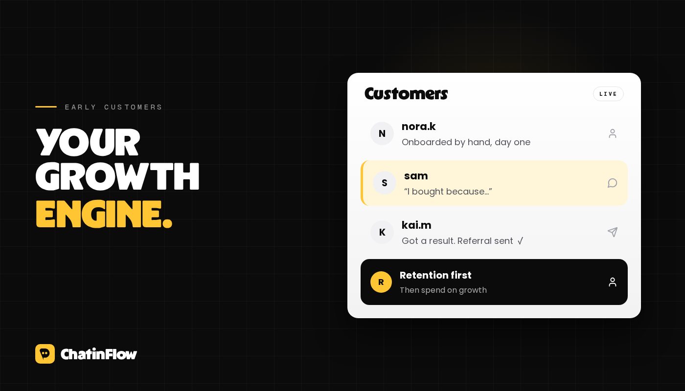 Turn early customers into growth: onboard them by hand, ask why they bought, and ask for a referral when they succeed.