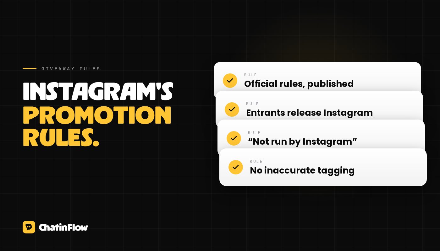 Instagram's promotion rules: publish official rules, each entrant releases Instagram, say the promotion isn't sponsored by Instagram, and no inaccurate tagging.