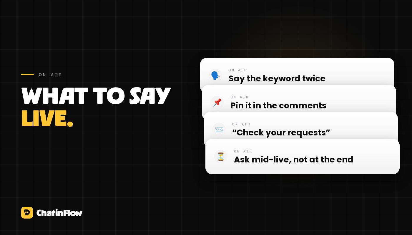 What to say on air: the keyword twice, a pinned comment, tell non-followers to check their requests, and ask in the middle of the live, not at the end.
