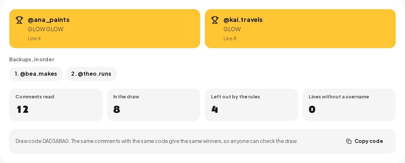 The draw summary showing comments read, entries in the draw, the ones left out by each rule and the draw code