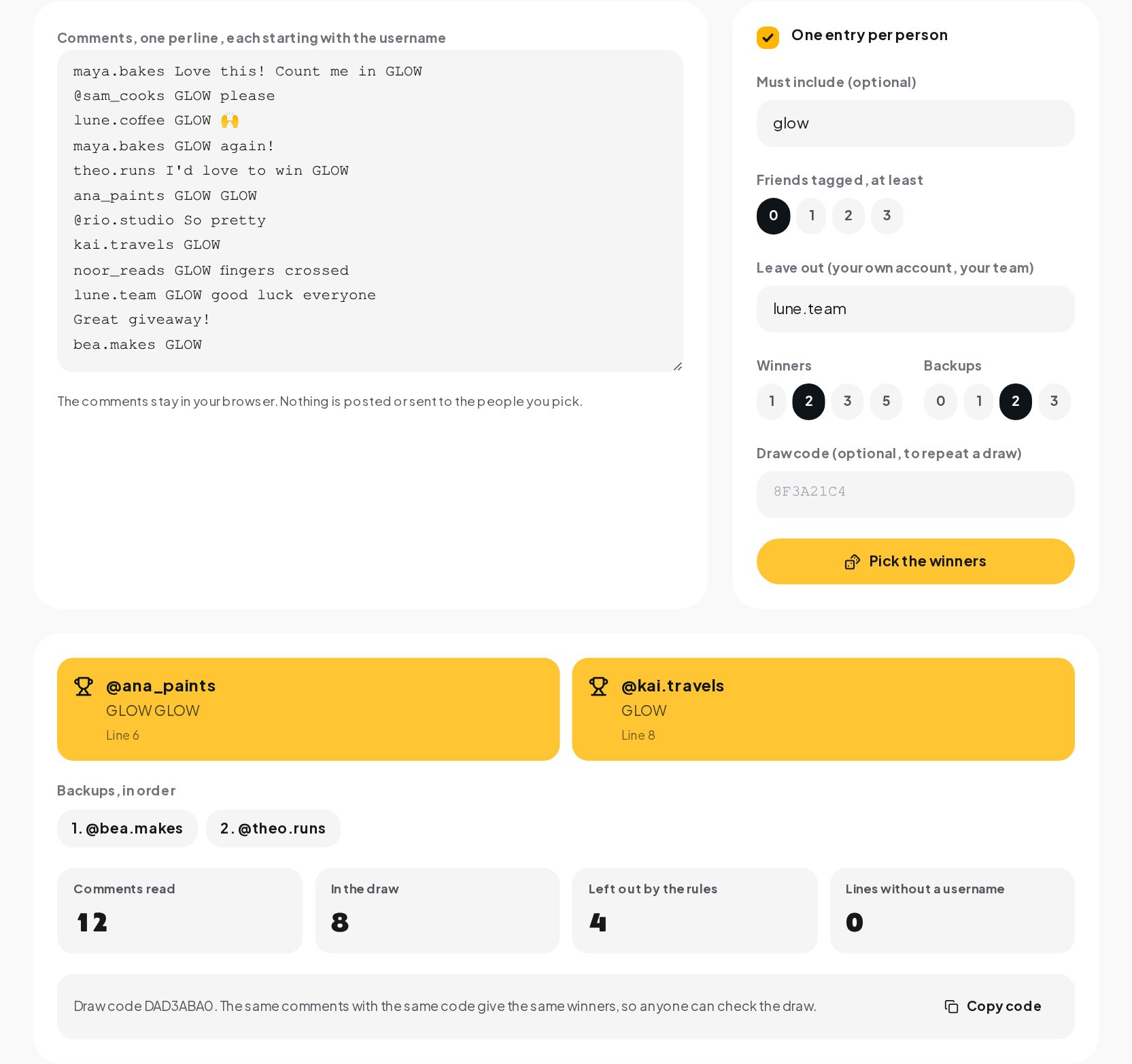 The Comment Winner Picker with comments pasted, the rules set and two winners drawn with backups