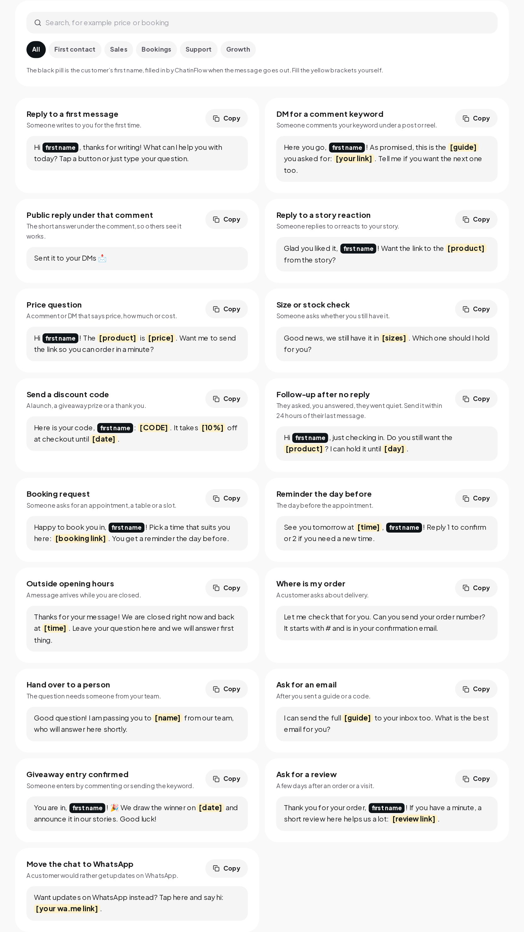 The DM Templates library with categories for first contact, sales, bookings, support and growth, and a template ready to copy