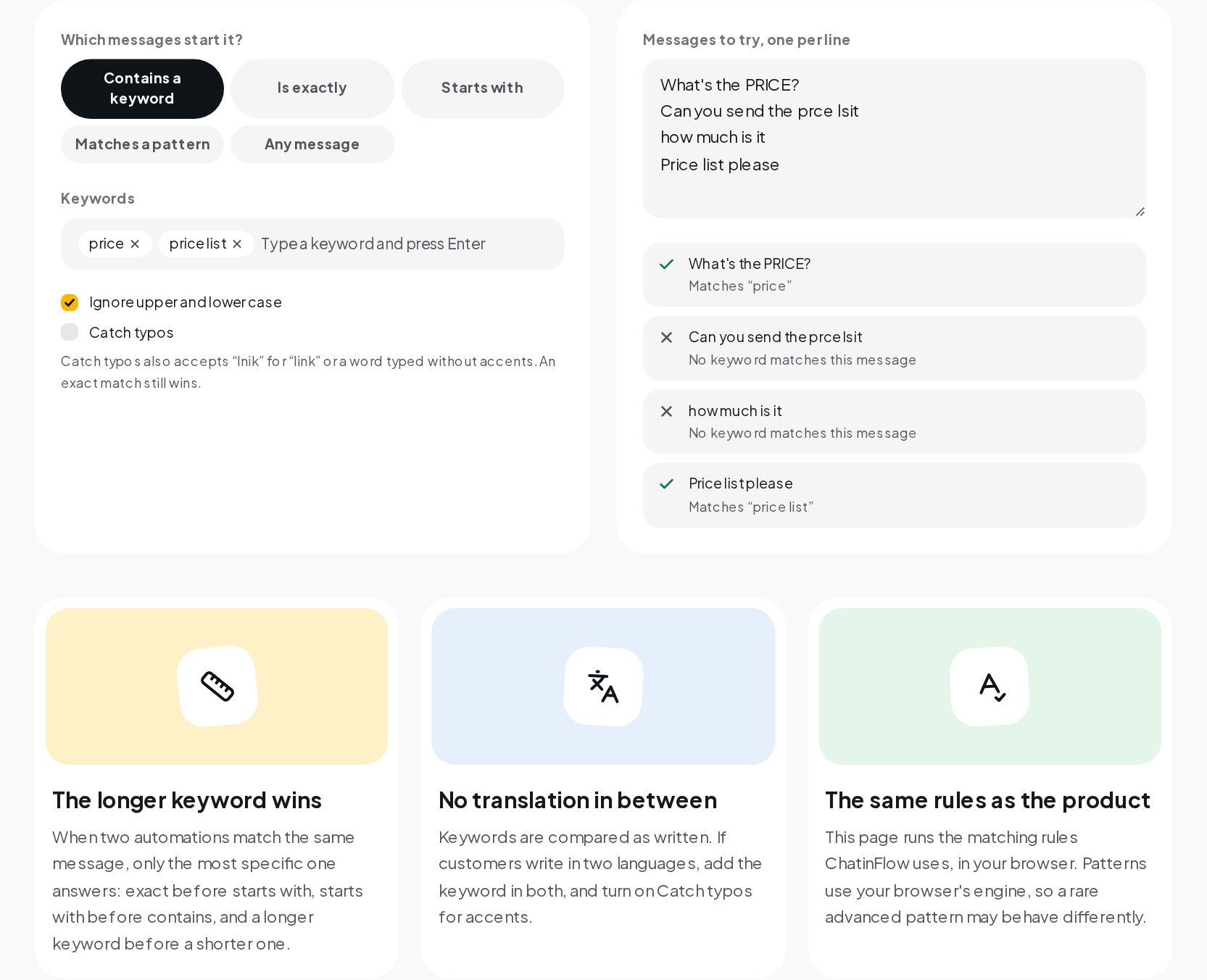 The Keyword Tester with two keywords, the contains mode selected and a list of customer messages marked as matched or not