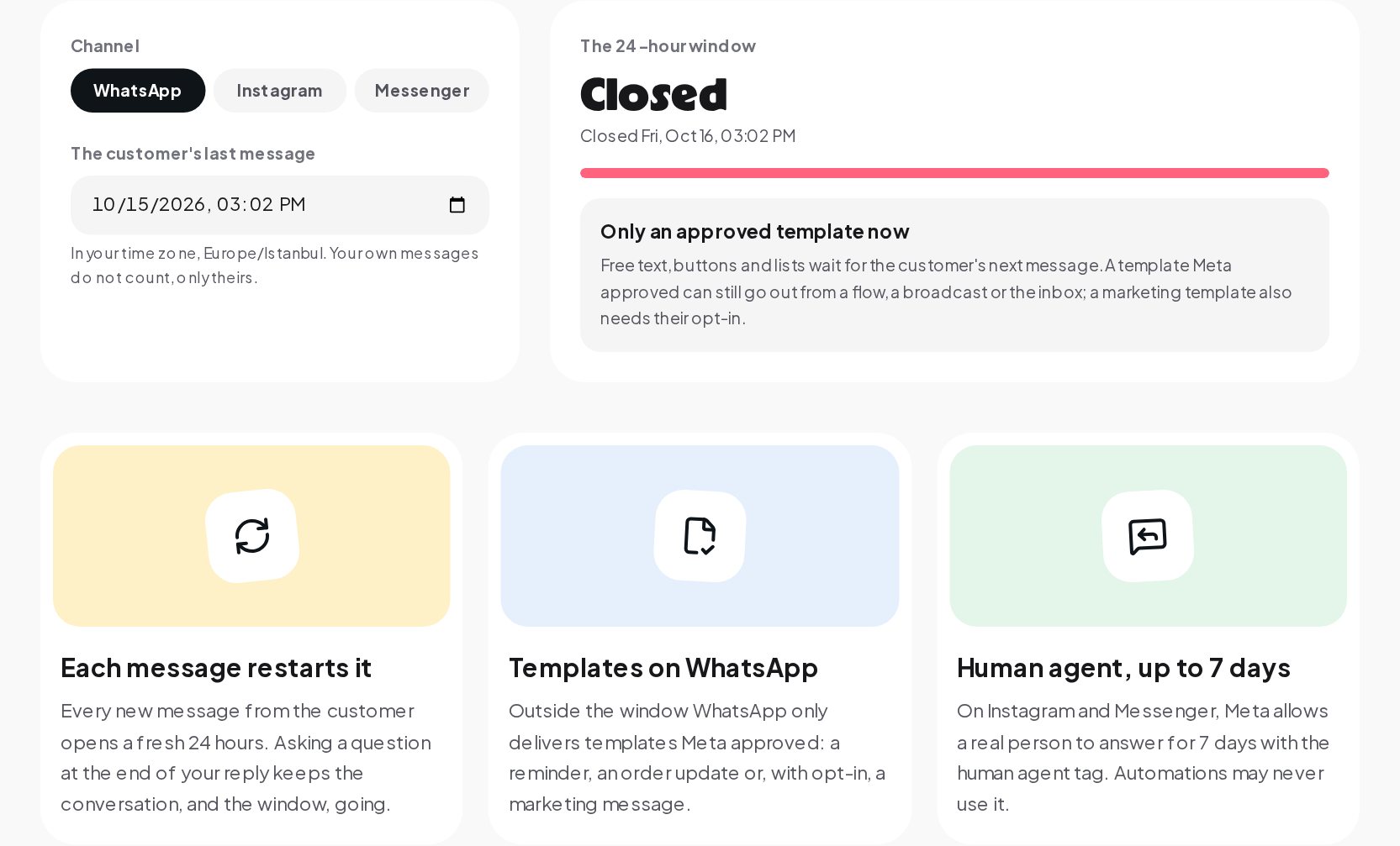 The window closed on WhatsApp, with the note that only an approved template can go out now