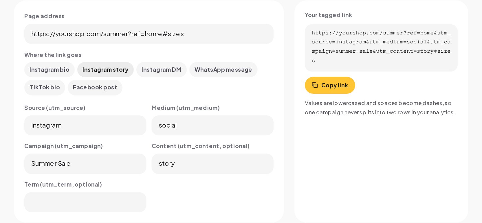 The UTM Builder with a page address pasted, Instagram story picked as the place and the tagged link ready to copy