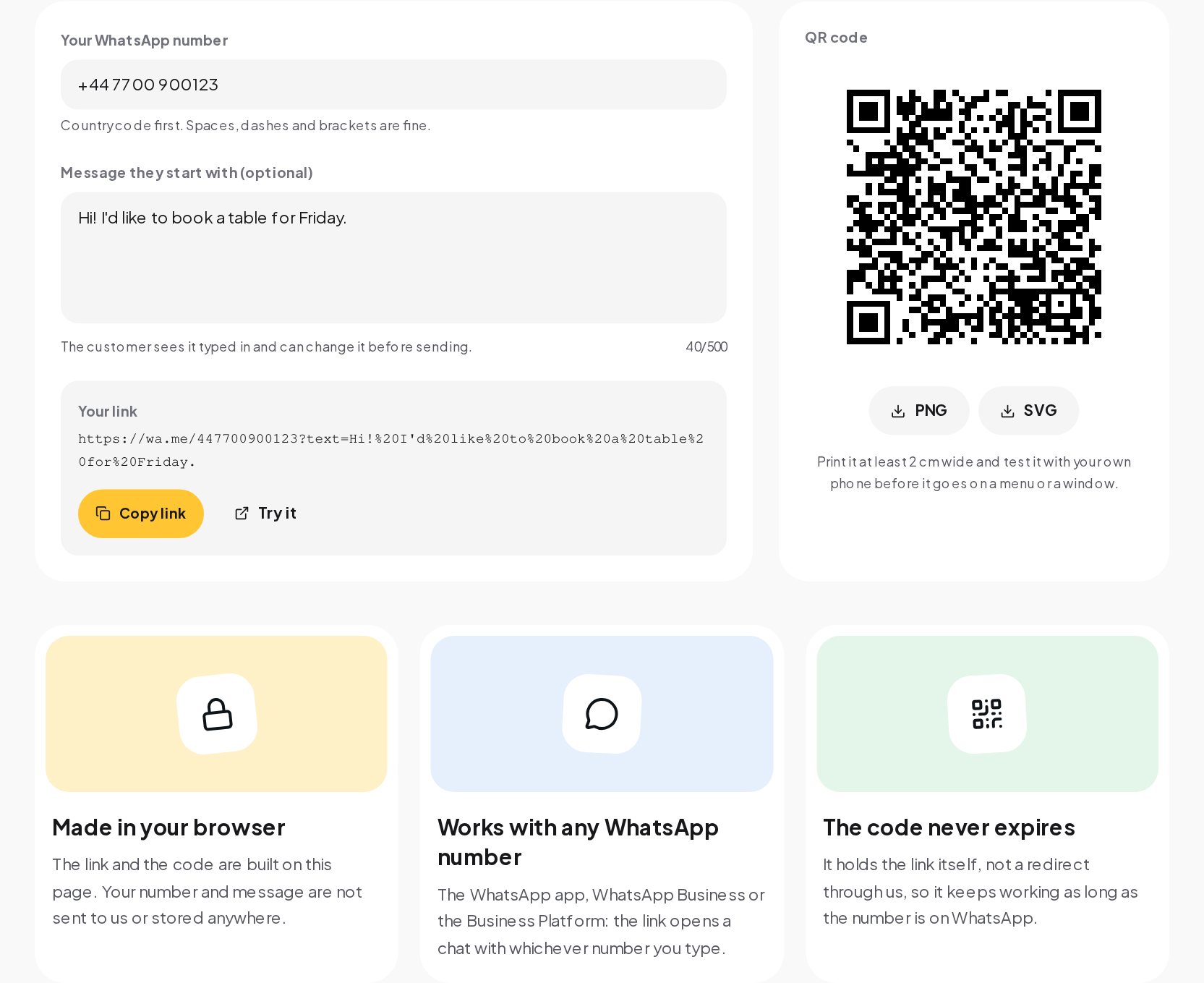 The WhatsApp Link Generator with a number and a first message typed, the wa.me link and its QR code