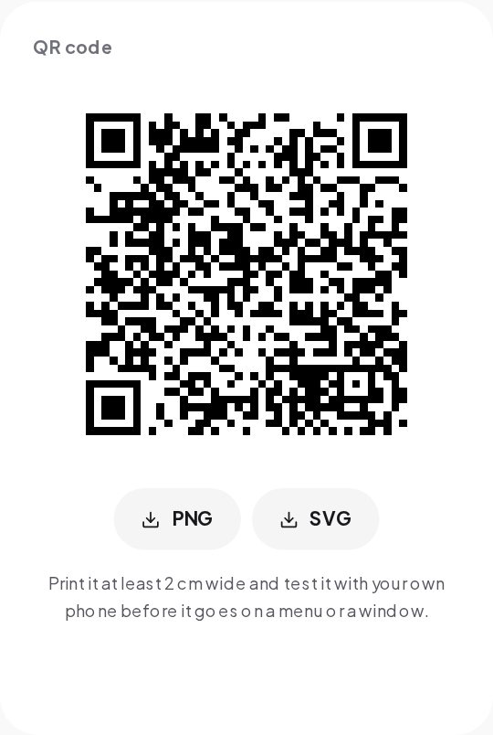 The QR code ready to download, with the advice to print it at least 2 cm wide