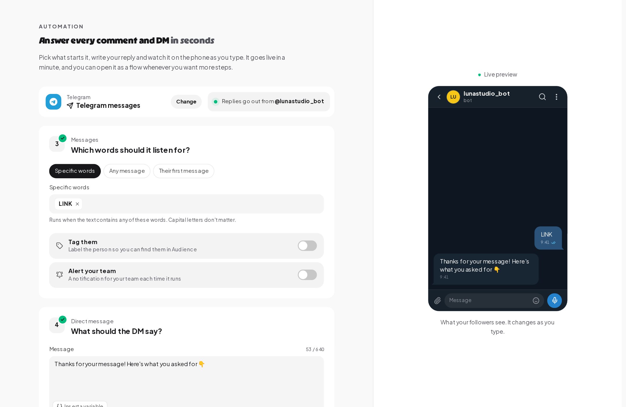 The quick setup for Telegram messages with the keyword LINK, the choice of specific words, any message or their first message, and a live preview of the bot chat