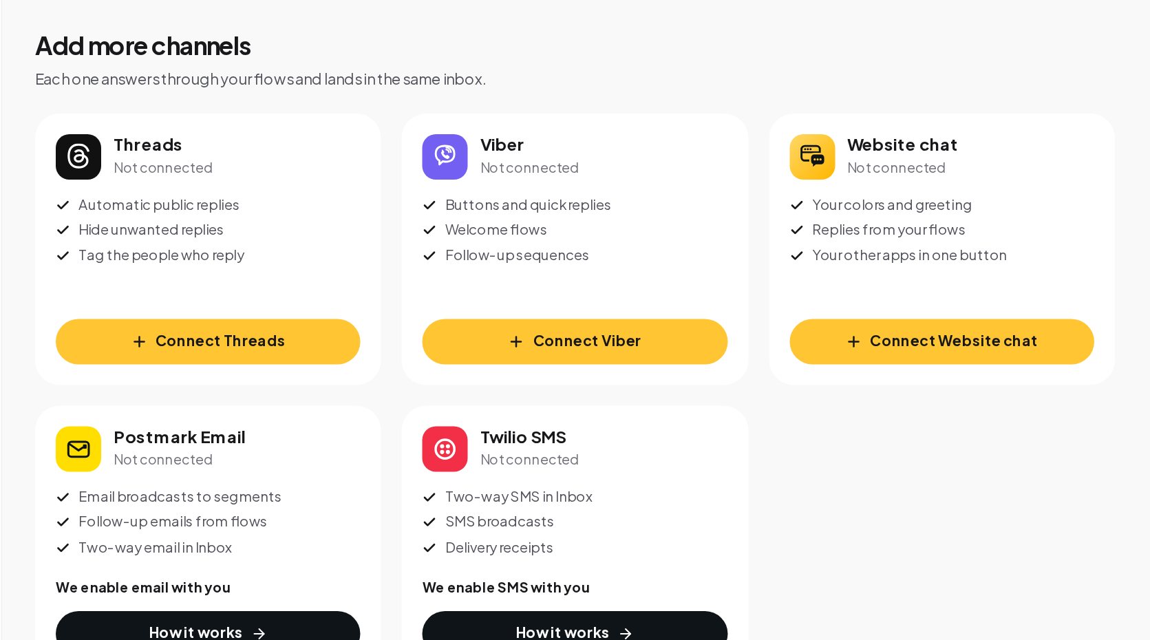 The Add more channels section of the Channels page with cards for Threads, Viber, Website chat, Postmark Email and Twilio SMS