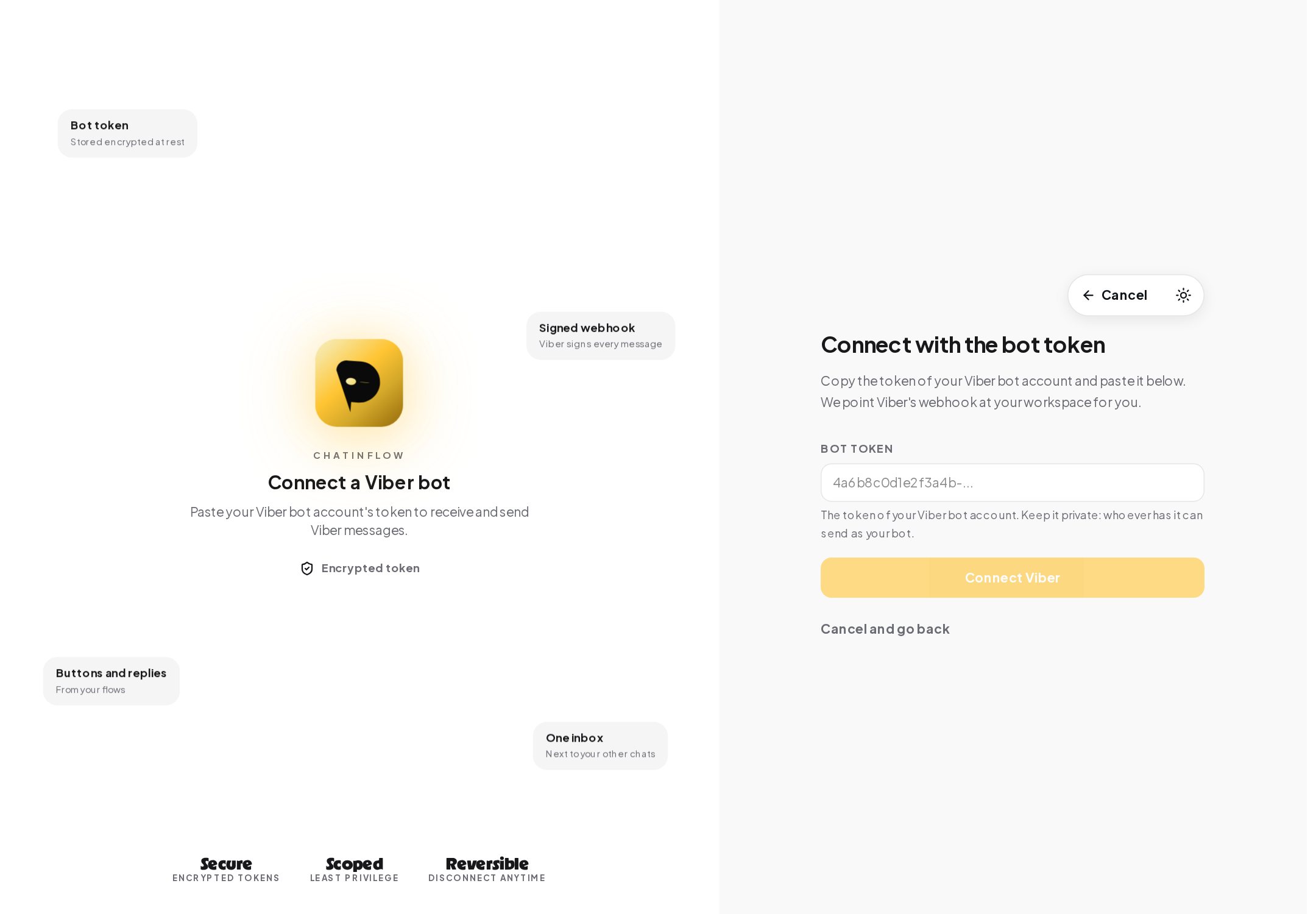 The Connect a Viber bot screen with the field for the bot token and a note that Viber's webhook is pointed at your workspace for you