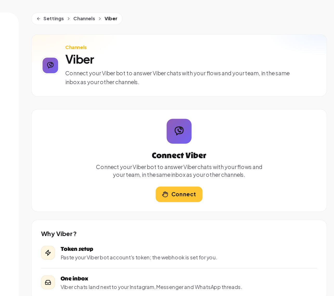 The Viber channel page before connecting, with the Connect button and the reasons to connect: token setup and one inbox
