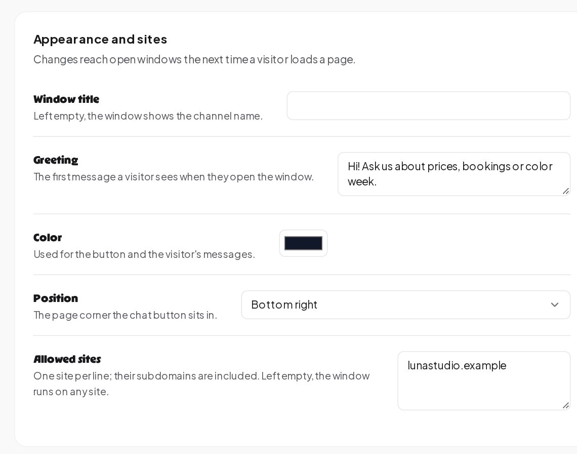 The Appearance and sites settings with the window title, the greeting, the color, the position Bottom right and the allowed sites