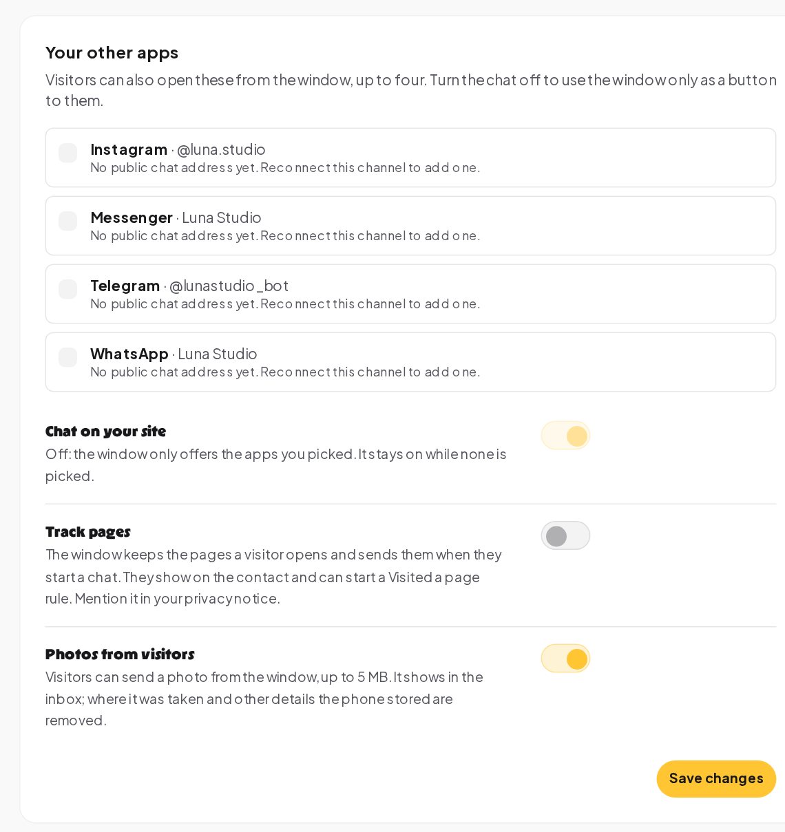 The Your other apps settings with Instagram, Messenger, Telegram and WhatsApp to offer in the window, and switches for chat on your site, page tracking and photos from visitors